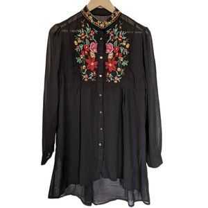 Embroidered Floral Button Down Sheer Blouse